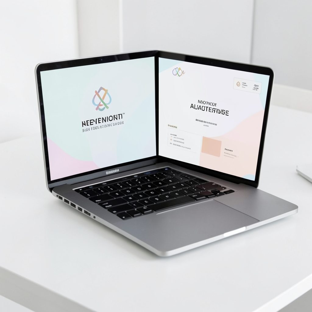 MacBook ouvert sur un bureau blanc minimaliste affichant une planche d'identité visuelle avec logo, typographies et palette de couleurs
