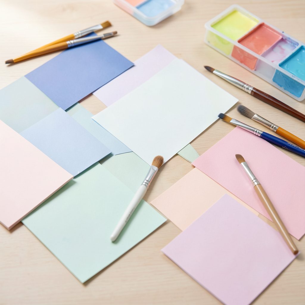Plan de travail créatif avec échantillons de couleurs pastel, pinceaux et papiers disposés harmonieusement dans une lumière douce