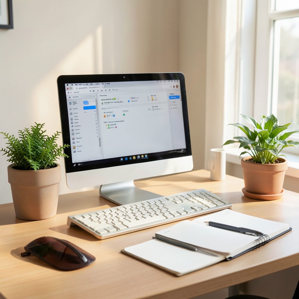 Bureau créatif avec écran, clavier, plante verte et carnet ouvert, baigné d'une lumière naturelle douce