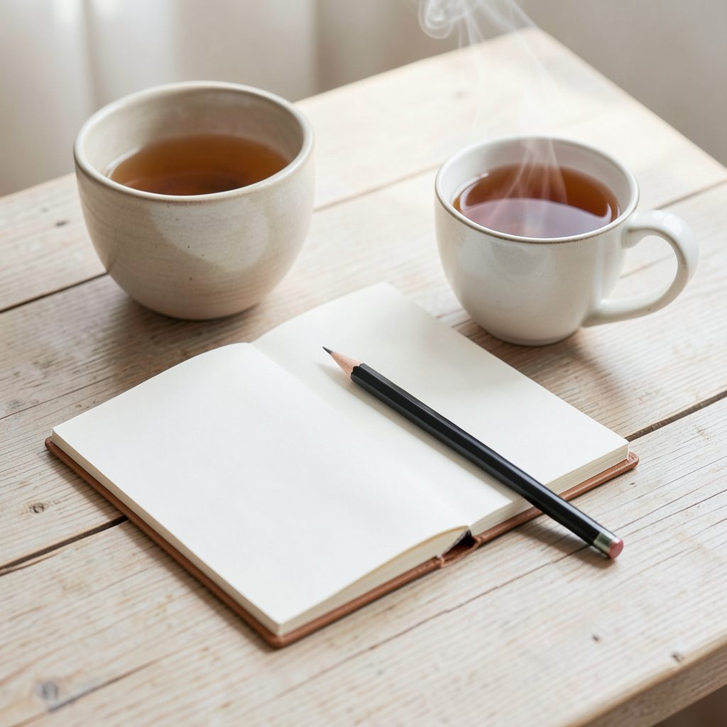 Carnet ouvert et crayon posés sur une table en bois clair, avec une tasse de thé fumante à côté, ambiance douce et créative