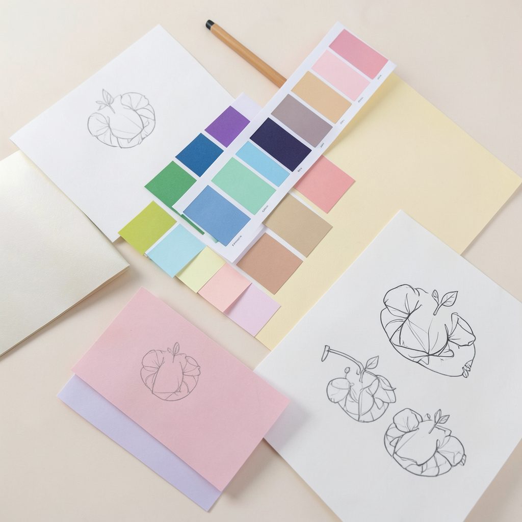 Plan de travail créatif avec nuancier de couleurs douces, échantillons de papier et esquisses de logo disposés harmonieusement